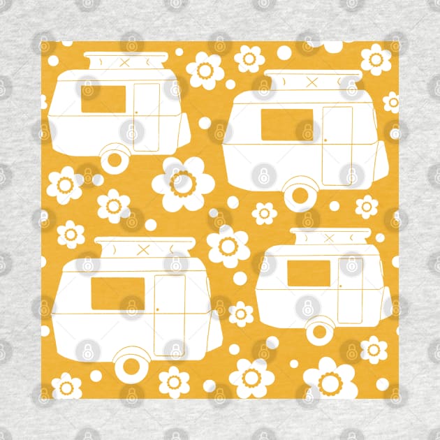 Daisy Polka Dot Vintage Caravan Pattern in Mustard Yellow and White by NattyDesigns
